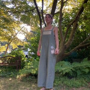Linen Blend Overalls, Romper, Jumpsuit - Grayish Green - Boho Patchwork -  Small